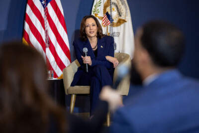 Vice President Kamala Harris takes a question from the audience at Pipefitters Local 537 in Dorchester. (Robin Lubbock/WBUR)
