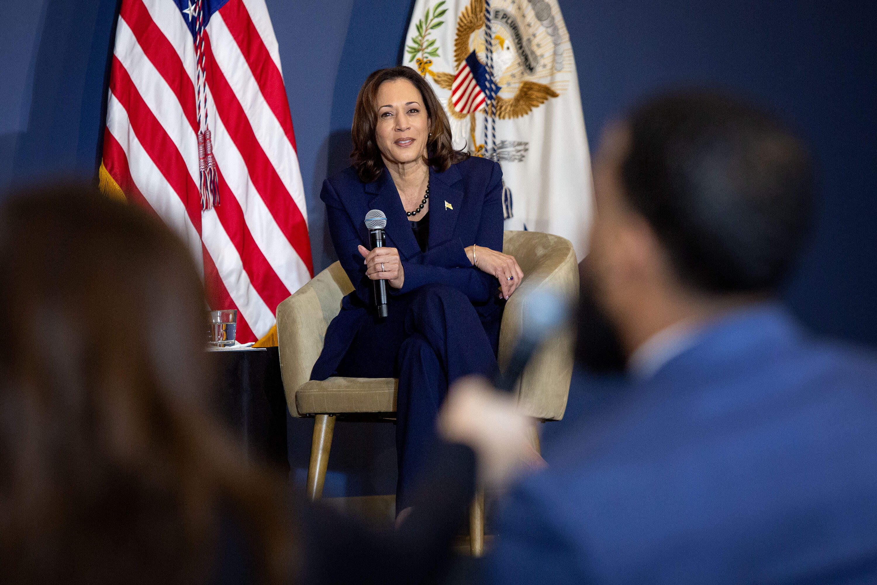 Vice President Kamala Harris takes a question from the audience at Pipefitters Local 537 in Dorchester. (Robin Lubbock/WBUR)
