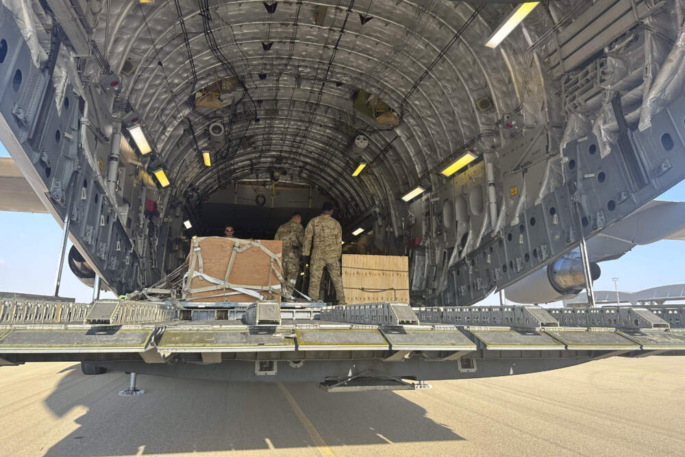 A U.S. C-17 sits at the Nevatim Air Base in the desert in Israel, Friday, Oct. 13, 2023. The aircraft arrived Friday with crates of American munitions for Israel. U.S. (Lolita Baldor/AP)