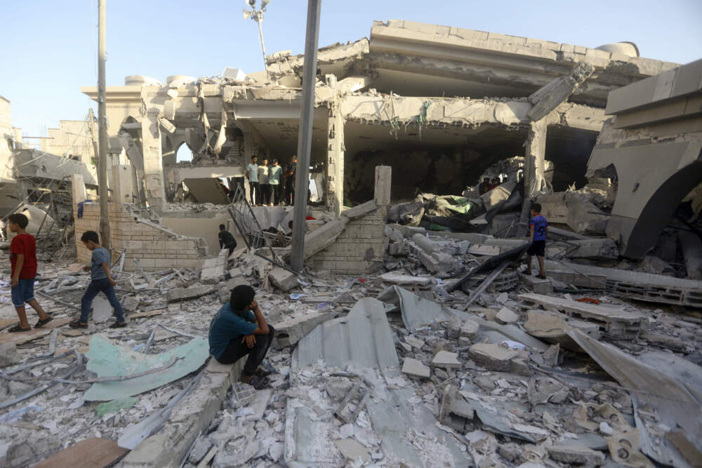 Palestinians inspect the damage of a destroyed mosque following an Israeli airstrike in Khan Younis refugee camp, southern Gaza Strip, Wednesday. (Mohammed Dahman/AP)