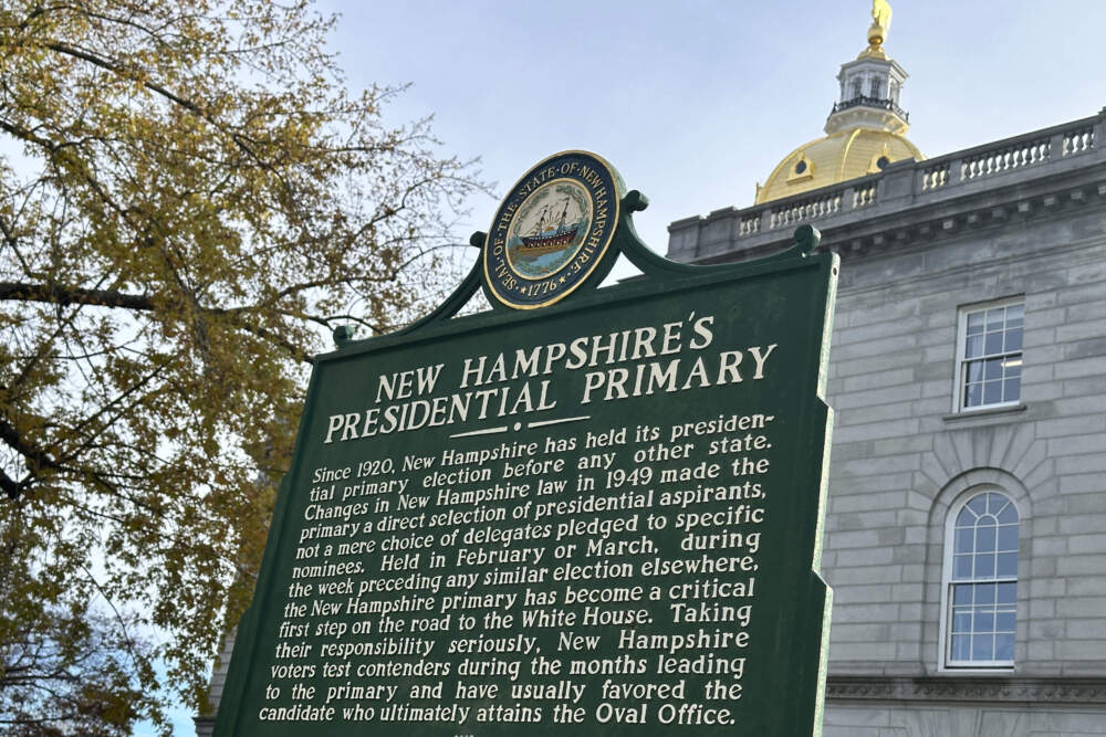 A historical marker outside the State House in Concord, New Hampshire, describes the history of the state's first-in-the-nation presidential primary. (Holly Ramer/AP)