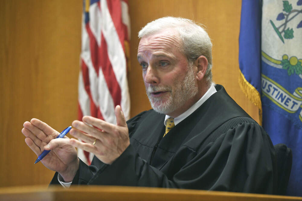 Judge William Clark presides over a hearing in Bridgeport Superior Court in Bridgeport, Conn. (Ned Gerard/Hearst Connecticut Media via AP)