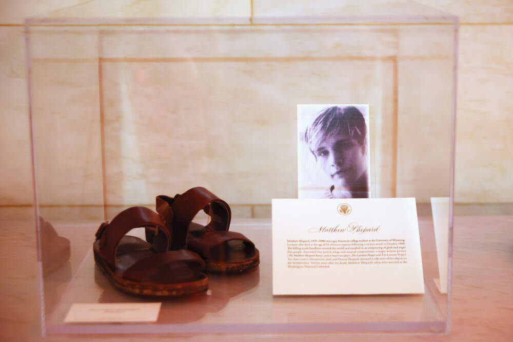 A pair of Matthew Shepard's sandals are displayed at the White House as part of the commemoration of LGBTQ+ Pride Month on June 25, 2021 in Washington, DC. (Chip Somodevilla/Getty Images)