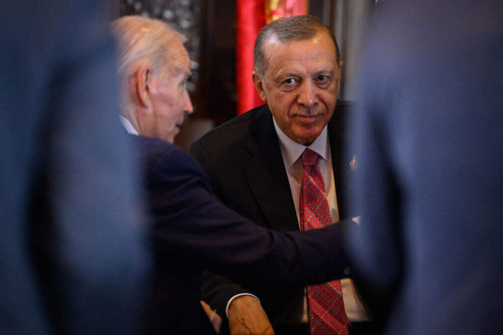 President Joe Biden of the United States of America (L) and President Recep Tayyip Erdogan of Turkey talk during the G20 Summit on November 15, 2022 in Nusa Dua, Indonesia. (Leon Neal/Getty Images)