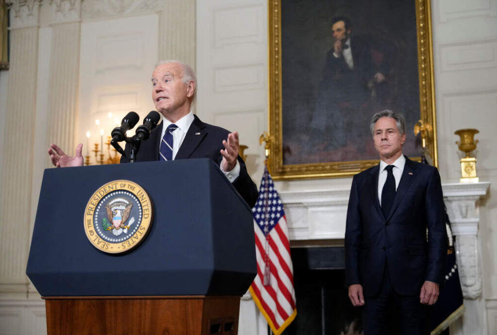 U.S. President Joe Biden, joined by Secretary of State Antony Blinken, delivers remarks on the Hamas terrorist attacks in Israel in the State Dining Room of the White House October 10, 2023 in Washington, DC.  (Drew Angerer/Getty Images)