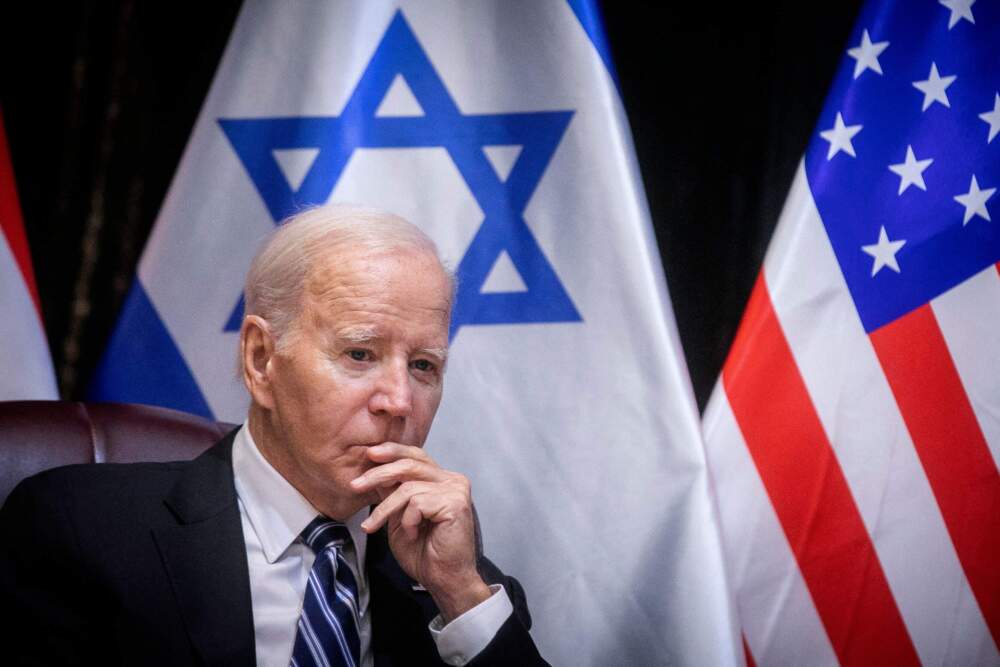 President Biden joins Israel's Prime Minister for the start of the Israeli war cabinet meeting, in Tel Aviv on Oct. 18, 2023, amid the ongoing battles between Israel and the Palestinian group Hamas. (Miriam Alster/POOL/AFP via Getty Images)