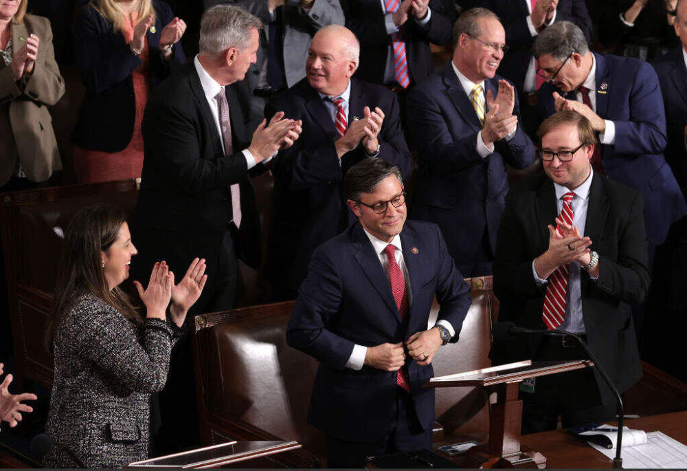 WASHINGTON, DC - OCTOBER 25: House Republicans applaud as U.S. Rep. Mike Johnson (R-LA) (C) is elected the new Speaker of the House at the U.S. Capitol on October 25, 2023 in Washington, DC. After a contentious nominating period that has seen four candidates over a three-week period, Rep. Mike Johnson (R-LA) was voted in to succeed former Speaker Kevin McCarthy (R-CA), who was ousted on October 4 in a move led by a small group of conservative members of his own party.  (Photo by Alex Wong/Getty Images)