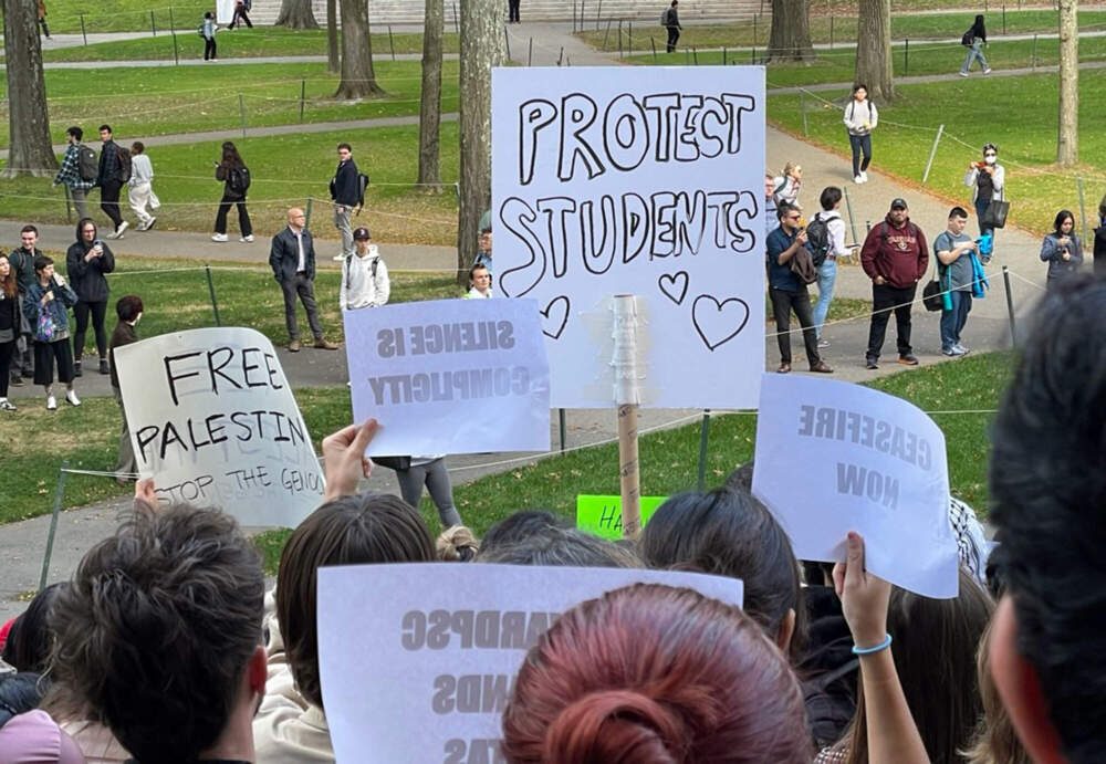 Students hold signs outside Harvard's Widener Library during an Oct. 19 walkout calling for a ceasefire in the Israel-Hamas war. (Max Larkin/WBUR)