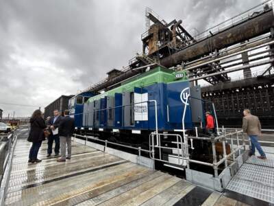 U.S. Steel's new electric locomotives will save 40 thousand gallons of diesel fuel a year and emit no CO2. (Reid Frazier/The Allegheny Front)