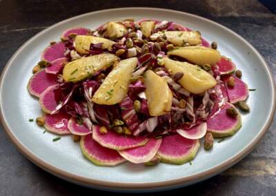 Radicchio, roasted pear, radish and pistachio salad. (Kathy Gunst/Here & Now)