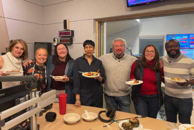 Local restaurateurs and chefs celebrating Friendsgiving on Radio Boston on Monday (Yasmin Amer/WBUR)