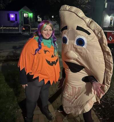 Vanessa White, right, in her pierogi costume, with a neighbor. (Photo courtesy Vanessa White)