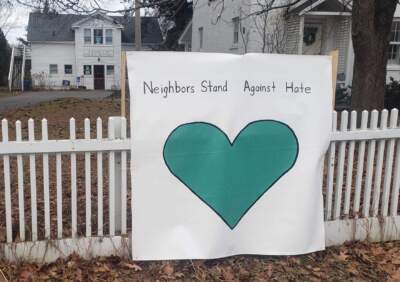 A sign seen along North Prospect Street in Burlington on Wednesday, Nov. 29 following the shooting of three Palestinian college students. (Lexi Krupp/Vermont Public)