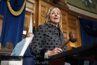 Massachusetts Senate President Karen Spilka in the House Chamber at the State House in Boston in 2019. (Michael Dwyer/AP)