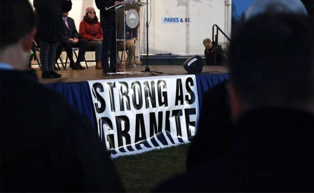 Speakers at the vigil, including New Hampshire Gov. Chris Sununu, reflected on Bradley Haas’ nearly 30-year career in law enforcement. (Zoey Knox/ NHPR)