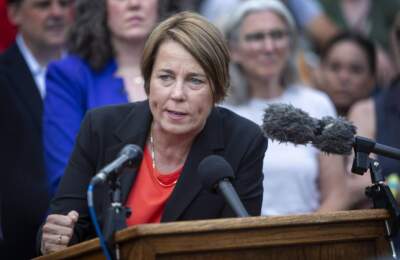 Maura Healey speaks to a crowd gathered at the Massachusetts State House. (Robin Lubbock/ WBUR)