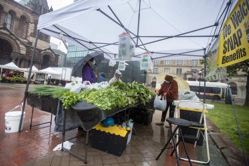 A vendor that accepts SNAP benefits operates at the Copley Square Farmer’s Market. (Jesse Costa/WBUR)