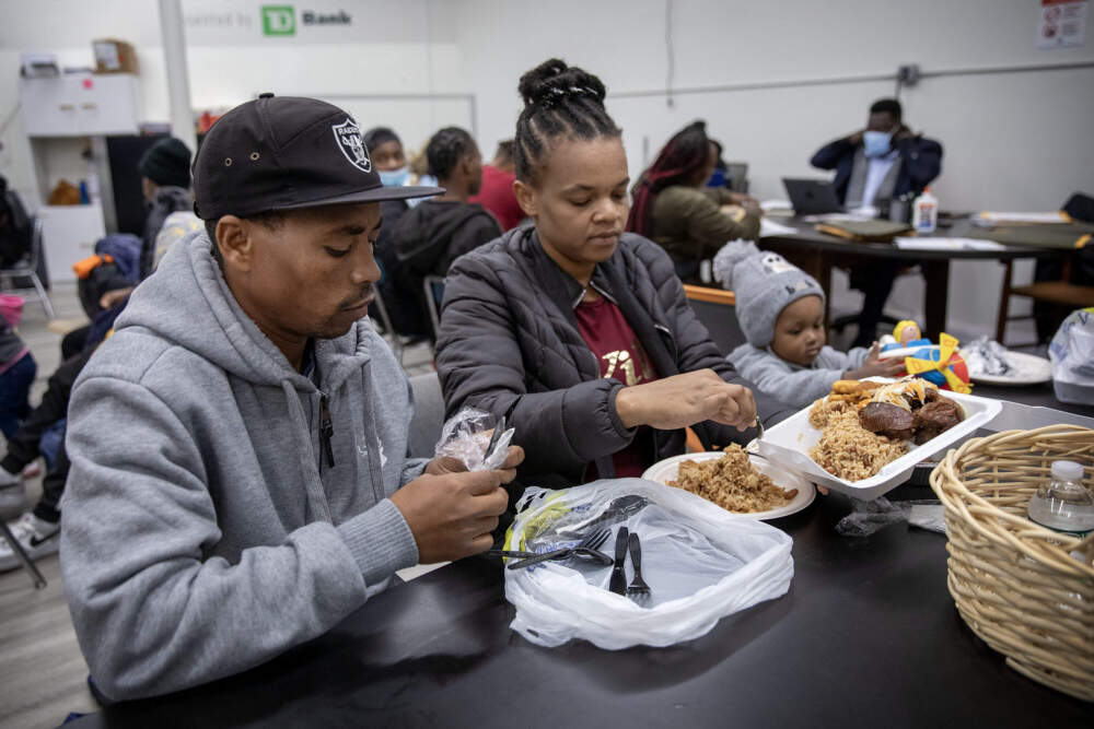 Immigrant Family Services Institute, in Mattapan, helps feed homeless families that have been waitlisted for the state's family shelter system. (Robin Lubbock/WBUR)