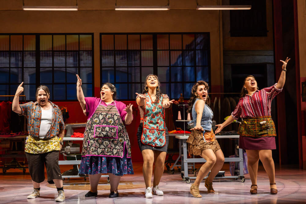 Sandra Valls, Carla Jimenez, Shelby Acosta, Jennifer Sánchez and Florencia Cuenca in the A.R.T. world premiere of &quot;Real Women Have Curves: The Musical.&quot; (Courtesy Nile Hawver/Maggie Hall)