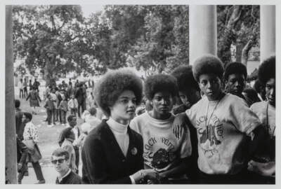 Stephen Shames, &quot;Oakland, California: Kathleen Cleaver, Communications Secretary and first female member of the Party’s decision-making Central Committee, talks with Black Panthers from Los Angeles who came to the “Free Huey” rally in DeFremery Park (named by the Panthers Bobby Hutton Park) in West Oakland&quot; (detail), 1968. (Courtesy Museum of Fine Arts, Boston)