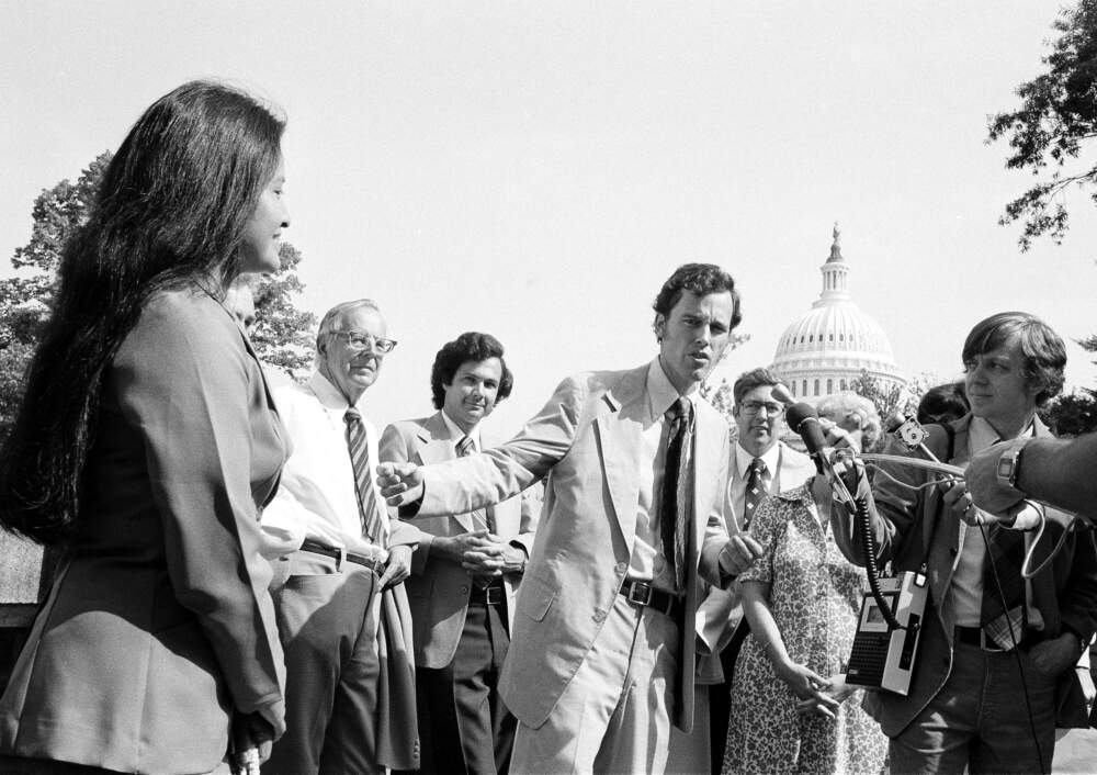 The author speaks to reporters near the Capitol in Washington, D.C., June 20, 1978. He and others were in Washington to meet with members of Congress to discuss the dam project. (John Duricka/AP)