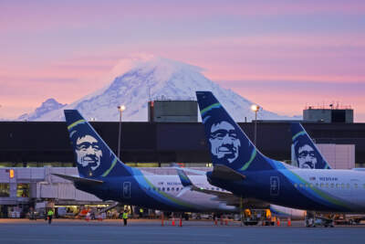 Alaska Airlines planes are shown parked at gates with Mount Rainier in the background. (Ted S. Warren/AP)