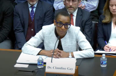 Claudine Gay, Harvard's president since July, addresses a hearing on antisemitism in the House of Representatives on Dec. 5. (Screengrab)