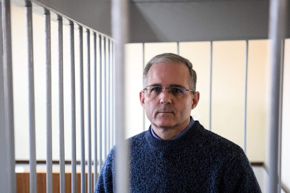 Paul Whelan, a former U.S. Marine accused of spying and arrested in Russia stands inside a defendants' cage during a hearing at a court in Moscow on Aug. 23, 2019. (Kirill Kudryavtsev/AFP via Getty Images)