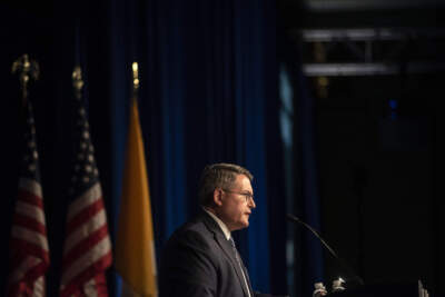 Leonard Leo speaks at the National Catholic Prayer Breakfast in Washington DC on April 23, 2019. Leo is an Executive Vice President with the Federalist Society and a confidant of President Trump. He is a maestro of a network of interlocking nonprofits working on media campaigns and other initiatives to pressure lawmakers and generate public support for conservative judges. (Photo by Michael Robinson Chavez/The Washington Post via Getty Images)