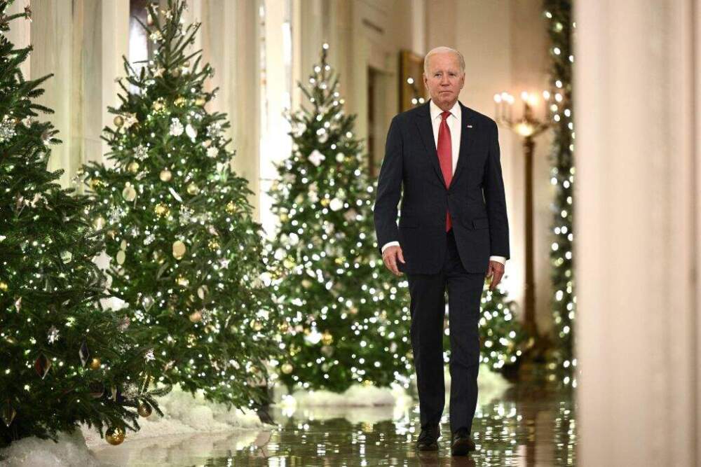 President Joe Biden arrives to deliver a Christmas address from the White House in Washington, DC, on December 22, 2022. (Brendan Smialowski/ Getty Images)