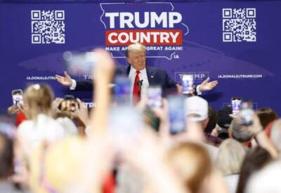 Former US President and 2024 Presidential hopeful Donald Trump arrives to speak at a Team Trump Iowa Commit to Caucus event at Jackson County Fairgrounds in Maquoketa, Iowa, on September 20, 2023. (Photo by KAMIL KRZACZYNSKI / AFP) (Photo by KAMIL KRZACZYNSKI/AFP via Getty Images)