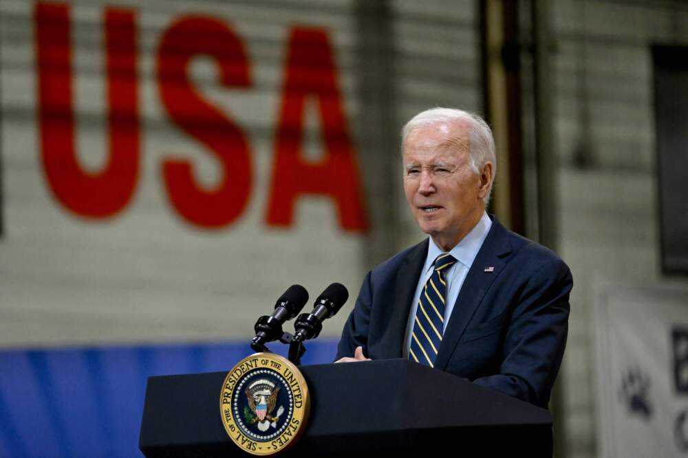 U.S. President Joe Biden delivers remarks on his &quot;Bidenomics&quot; economic agenda and his Investing in America agenda at an Amtrak facility in New Castle County, Delaware, on November 6, 2023.(Photo by ANDREW CABALLERO-REYNOLDS/AFP via Getty Images)