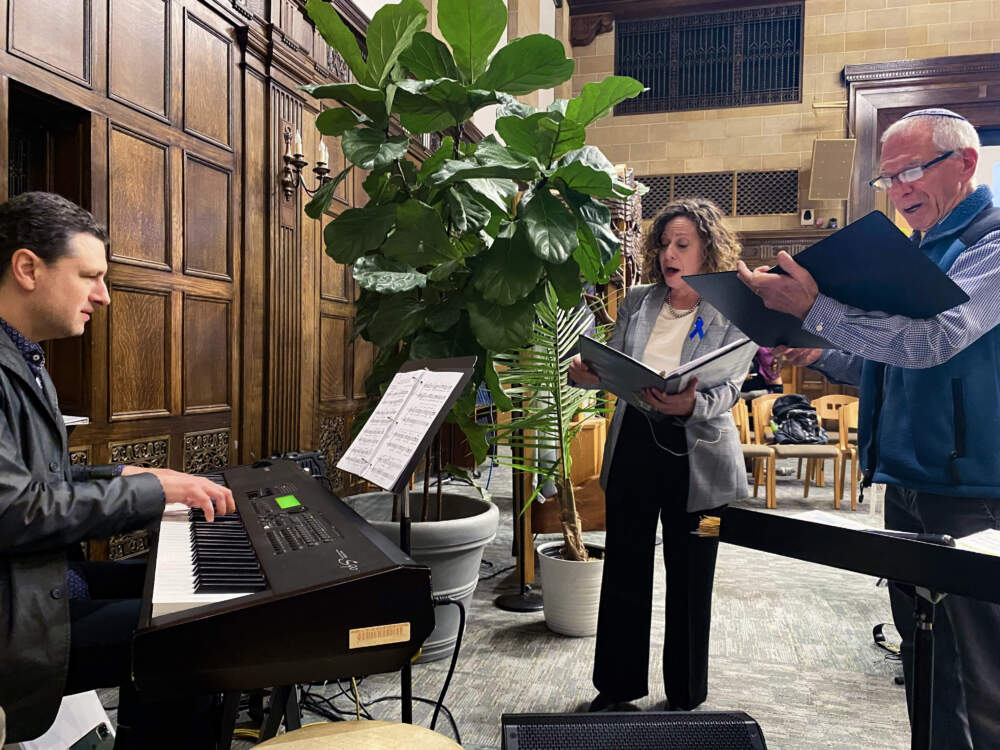 Musicians practice before Shabbat services at Temple Israel in Boston ahead of Hanukkah 2023 (Simon Rios/WBUR)