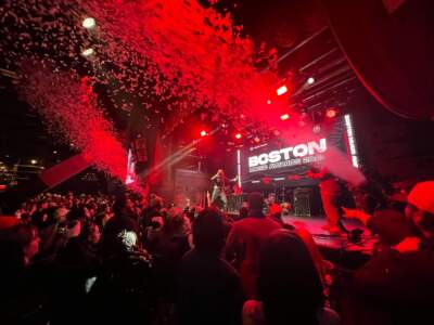 Clark D makes use of the confetti cannons at the 2023 Boston Music Awards (Solon Kelleher/WBUR)