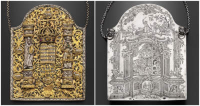 Front and back views of a Torah shield made by Elimelekh Tzoref (1781/82). It's composed of silver, partial gilt, with enamel and stone and lavishly decorated on both sides. The design element by the masterful silversmith is unusual because the back-facing side rests against the rolled scroll and is not ordinarily seen. (Courtesy Museum of Fine Arts, Boston)
