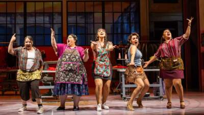 Sandra Valls (Prima Fluvia), Carla Jimenez (Pancha), Shelby Acosta (Prima Flaca), Jennifer Sánchez (Rosalí), and Florencia Cuenca (Estela) in the A.R.T. world premiere of &quot;Real Women Have Curves: The Musical.&quot; Courtesy Nile Hawver/ Maggie Hall