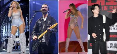 Musical artists featured in Cognoscenti essays in 2023 include (left to right) Beyoncé, Noah Kahan, Taylor Swift and Min Yoongi (aka SUGA/Agust D) of BTS. (AP and Getty Images)