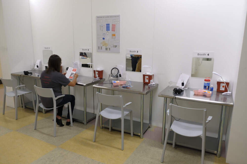 In this 2018 file photo, there are booth injection stations at Safer Inside, a realistic model of an overdose prevention site in San Francisco. (Eric Risberg/AP)