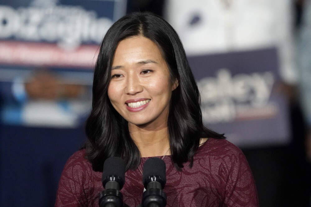 Boston Mayor Michelle Wu speaks during a campaign rally in November 2022 in Boston. (Mary Schwalm/AP)