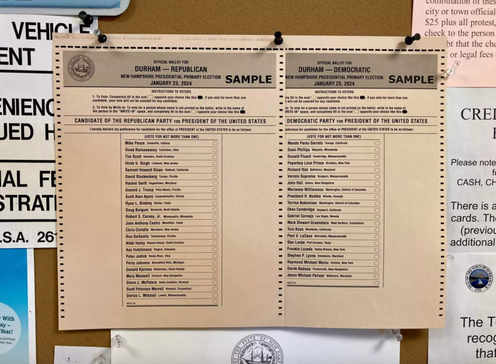 Sample ballots for the 2024 New Hampshire presidential primary are on display at Durham Town Hall. (Todd Bookman/NHPR)