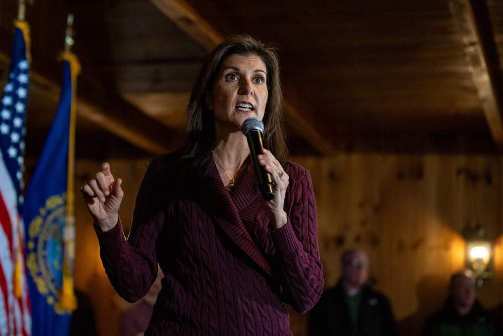Republican presidential candidate and former U.N. Ambassador Nikki Haley speaks during a campaign stop at the Alpine Grove Event Center in Hollis, N.H. (Jesse Costa/WBUR)