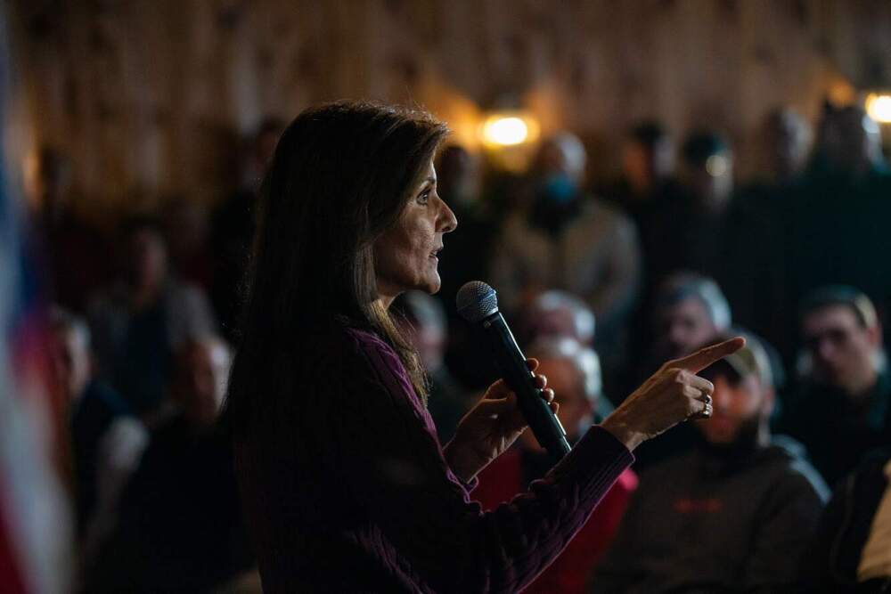 Republican presidential candidate and former U.N. Ambassador Nikki Haley speaks during a campaign event at the Alpine Grove Event Center in Hollis, N.H. (Jesse Costa/WBUR)