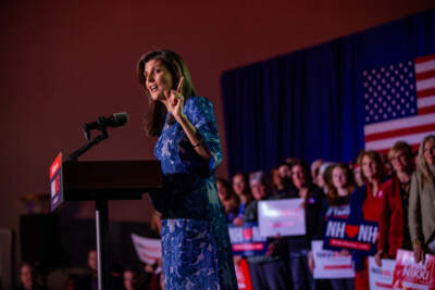 Nikki Haley speaks to her supporters at Grappone Conference Center in Concord after her loss to Donald Trump in the New Hampshire Primary. (Jesse Costa/WBUR)
