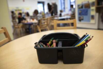 A box of crayons in a classroom in Boston. (Robin Lubbock/WBUR)
