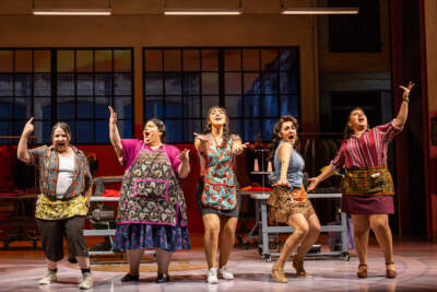 Sandra Valls (Prima Fulvia), Carla Jimenez (Pancha), Shelby Acosta (Prima Flaca), Jennifer Sánchez (Rosali), and Florencia Cuenca (Estela) in the A.R.T. world premiere of &quot;Real Women Have Curves: The Musical.&quot; (Courtesy of Nile Hawver/Maggie Hall)
