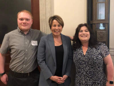 The author with Gov. Maura Healey and his mom, Nancy Gardner, who is one of his supporters. (Courtesy Nancy Gardner)