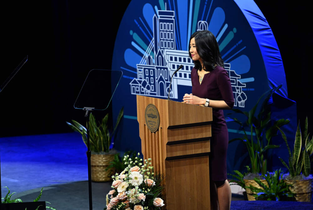 Boston Mayor Michelle Wu speaks at her second State of the City address at MGM Music Hall. (City of Boston)