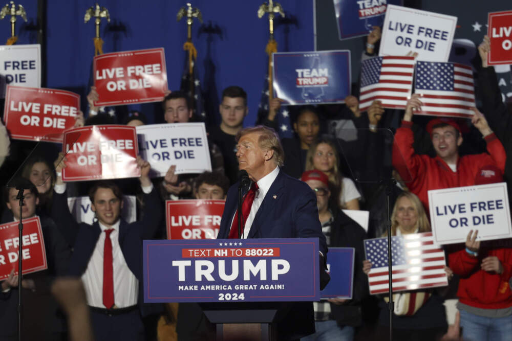 Former President Donald Trump attends a campaign rally, in Durham, N.H., Saturday, Dec. 16, 2023. (Reba Saldanha/AP)