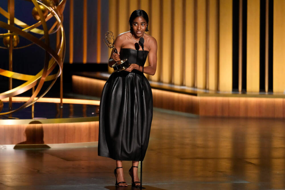 Ayo Edebiri accepts the award for outstanding supporting actress in a comedy series for &quot;The Bear&quot; during the 75th Primetime Emmy Awards on Monday, Jan. 15, 2024, at the Peacock Theater in Los Angeles. (Chris Pizzello/AP)