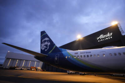 An Alaska Airlines Boeing 737 Max 9 awaits inspection at the airline's hangar at Seattle-Tacoma International Airport on Jan. 10, 2024, in SeaTac, Wash. (Lindsey Wasson/AP)